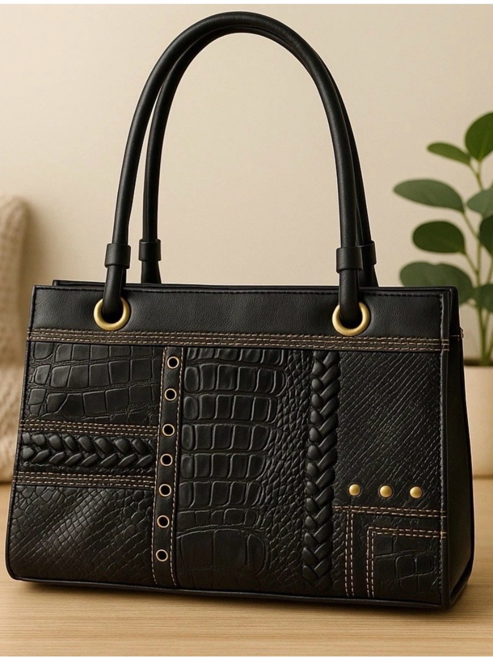Black Patchwork Croc-Embossed Faux Leather Shoulder Tote Handbag